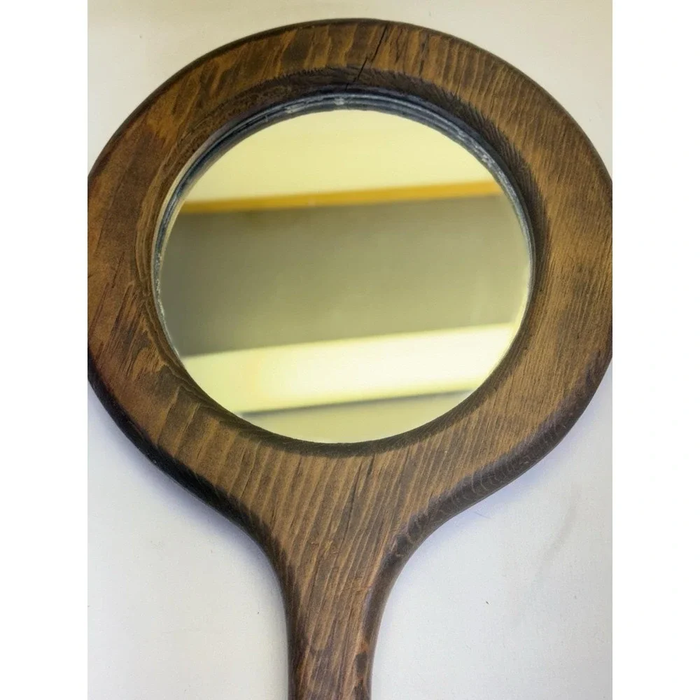 Wooden Hand Held Mirror W/ Pressed Flowers Round Vanity Dresser Handle